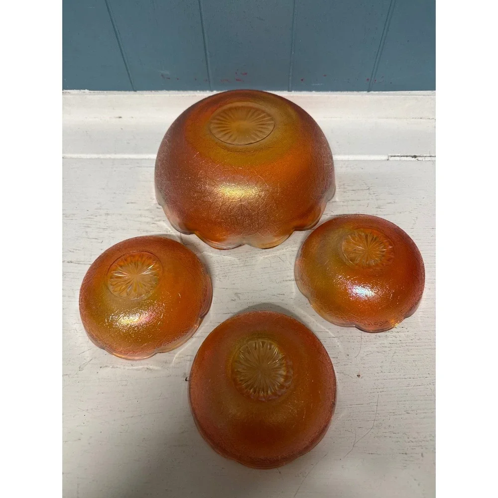Vintage Amber Iridescent Carnival Glass‎ Footed Bowl Set Dessert Candy Dishes